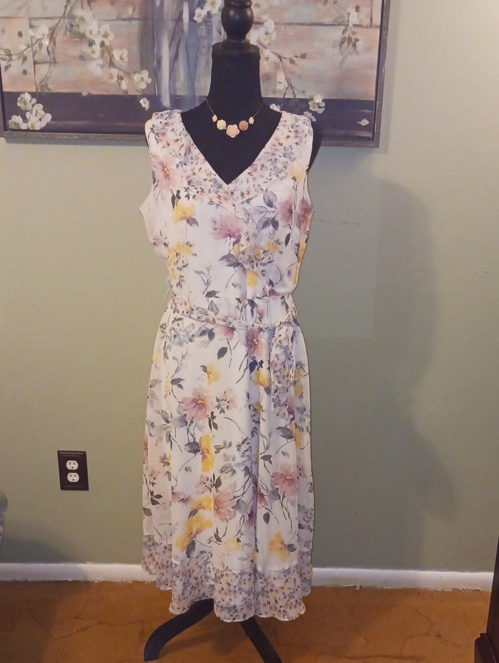 Nicole Miller  V-Neck Sleeveless Midi Dress in White with Pink & Yellow Accents